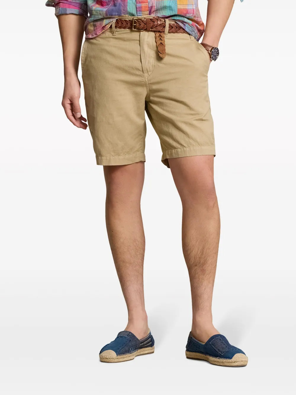 shorts chino de mistura de algodão e linho